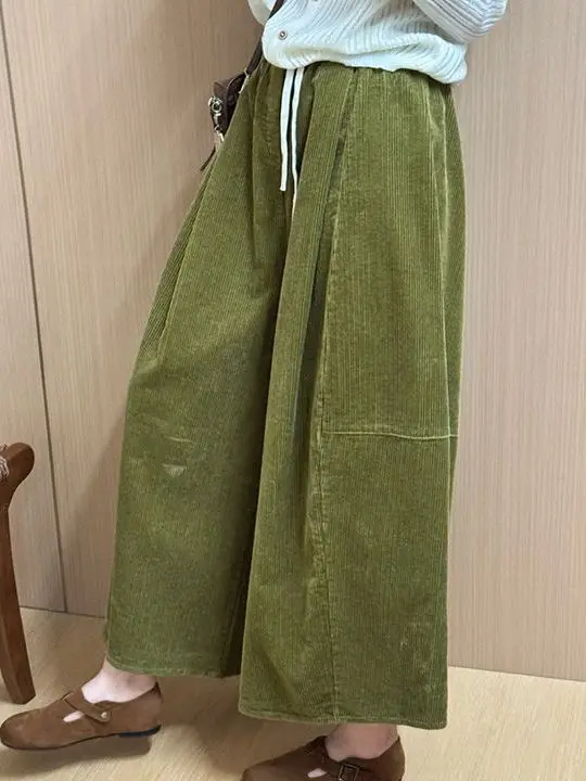 Mustard Yellow Corduroy Wide Leg Pants Women's Autumn Winter High Waist Loose Fit Design Small Size Eighteen Knee-Length