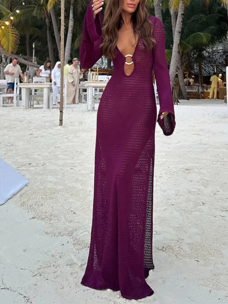 

Chic Sexy Metal Ring Splicing Women's V-neck Split Crochet Dress Flared Sleeve Slim Hollow Out Robes Lady Beach Vacation Vestido