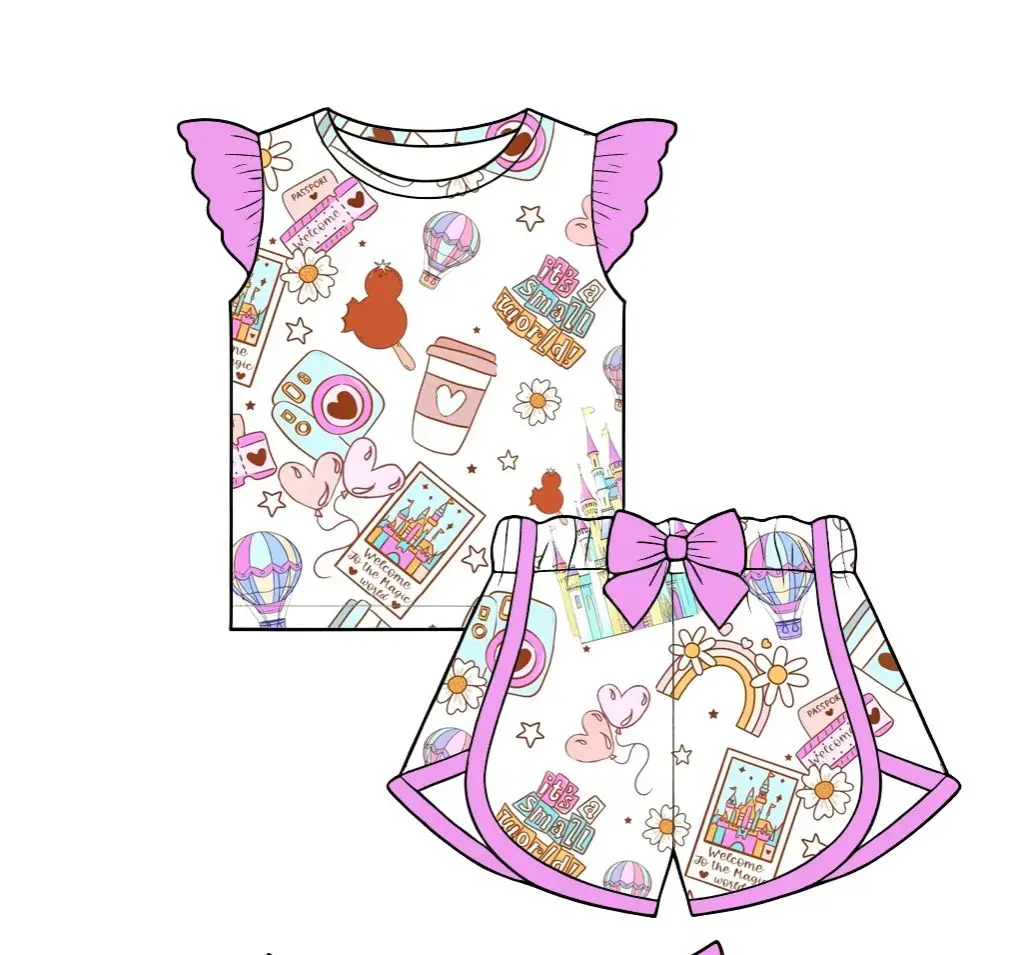 Summer Girl Magical Castle Treats Print Outfit Pink/Red Bow & Ruffle Dress Kids Casual Snack Clothes