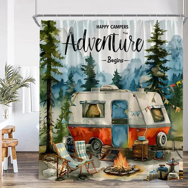 Vintage Camping Shower Curtains Abstract Mountain Camper Forest Scenery Polyester Fabric Home Bathroom Curtain Decor with Hooks