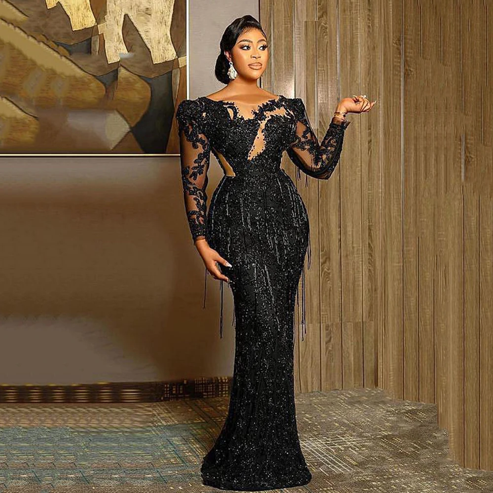 

Evening Dresses Black Luxurious Mermaid Prom Dress Lace Beaded Tassel Sheer Neck Formal Party Reception Gowns Robe De Mariee