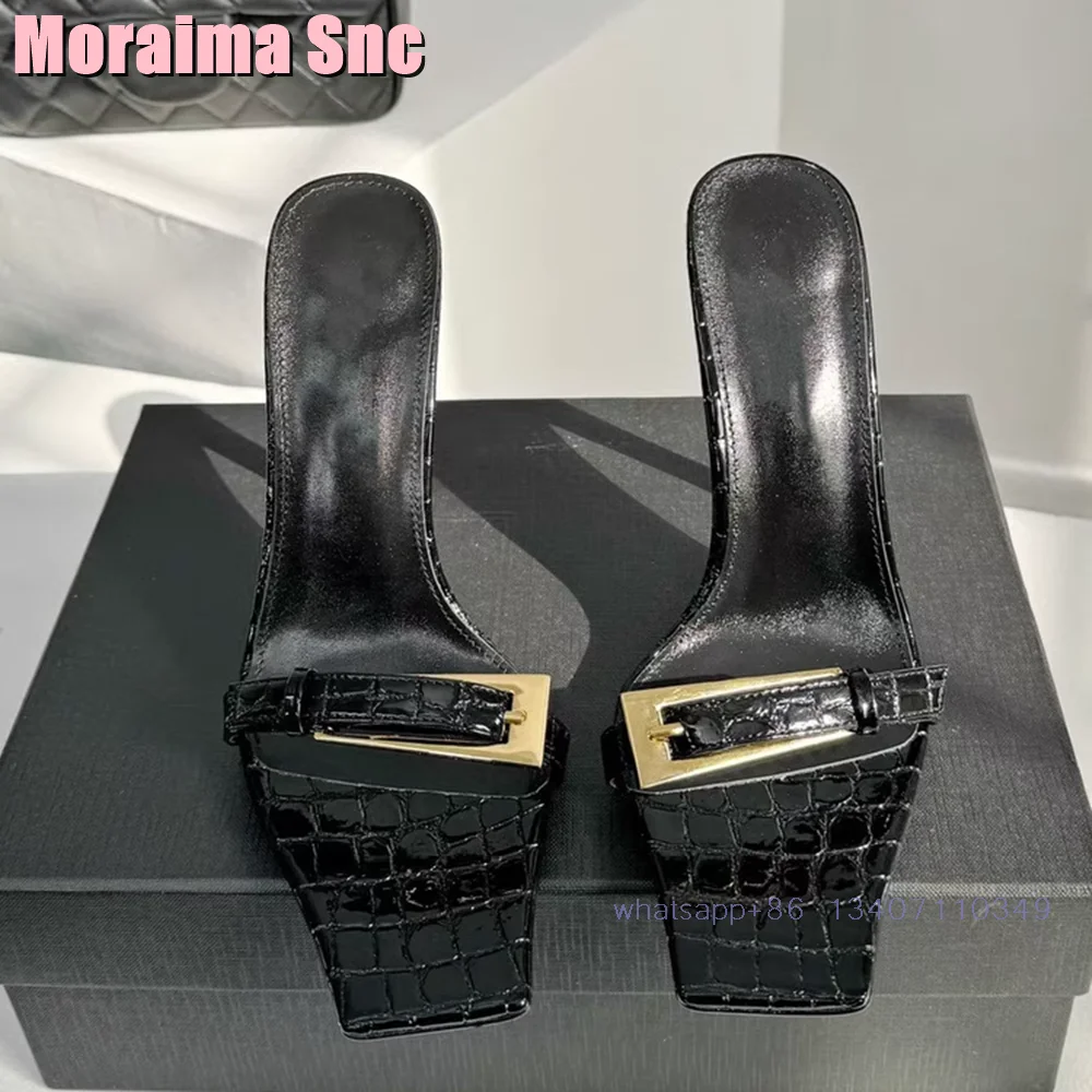 Fashion Metal Buckle Square Toe Slippers Stiletto High Heel Slip On Sexy Black Solid Women\'s Modern Slippers 2024 New Summer