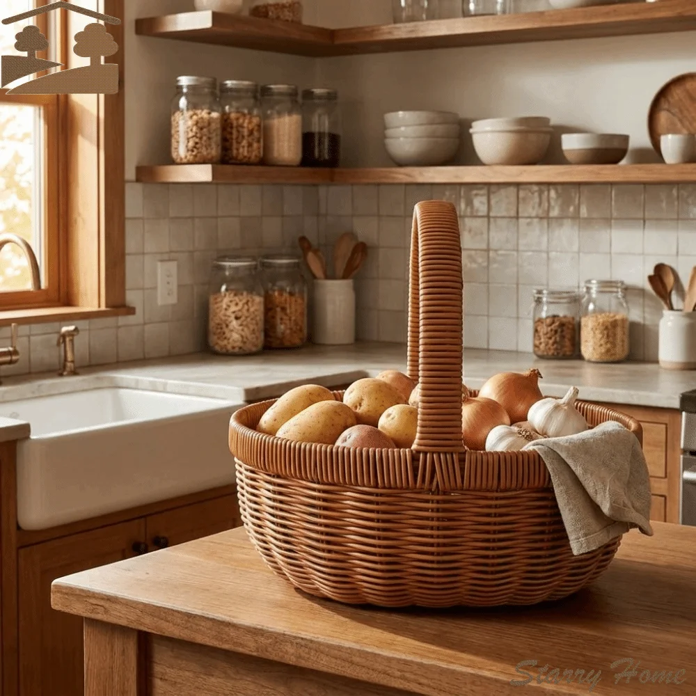 

Decorative Large Capacity Imitation Rattan Basket Handwoven Round Storage Basket Rustic with Handle Fruit Basket Fruit Storage