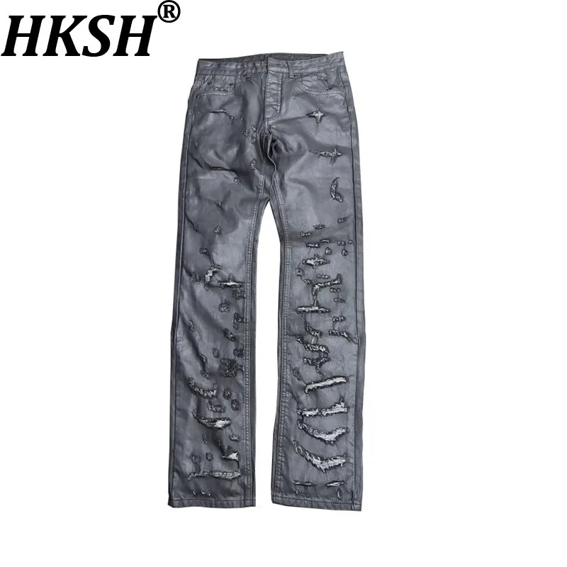 HKSH Spring Autumn New Men's Tide Dark Glue Damage Waxed Denim Pants Coated Ripped Washed Slim Fit Jeans Vintage Fashion HK26845