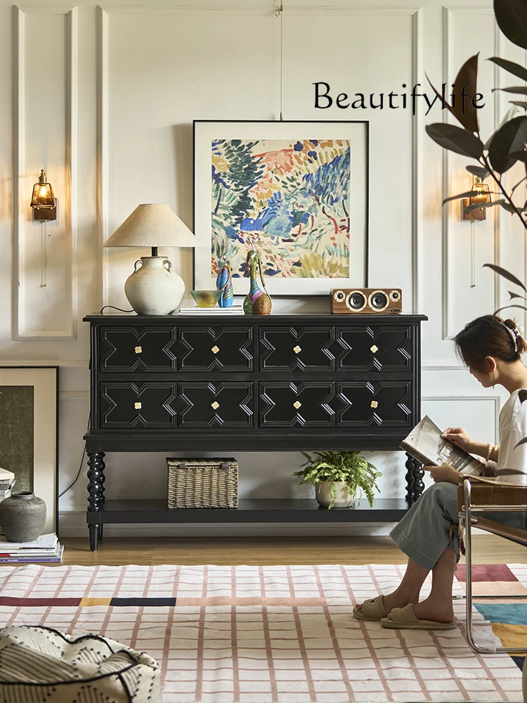 

French black solid wood porch cabinet retro living room aisle partition cabinet high-end light luxury locker