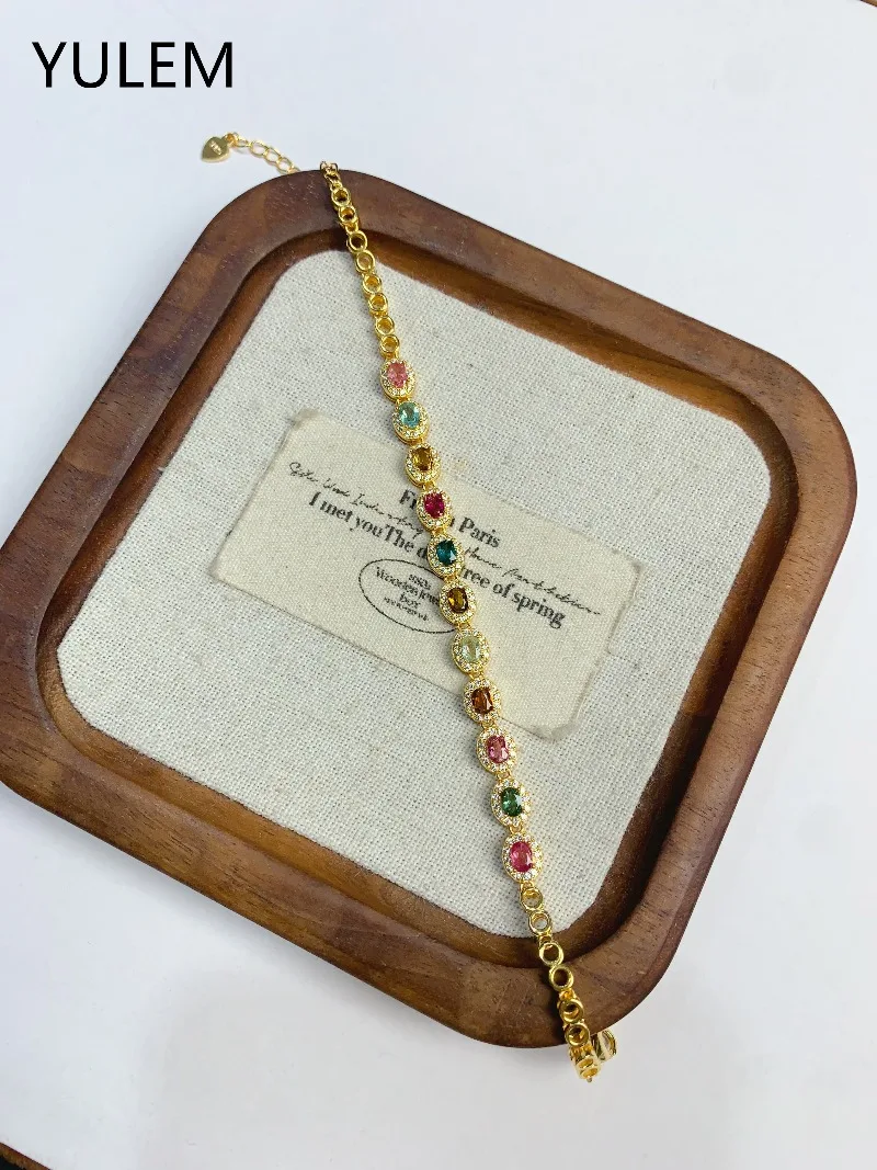 Women Natural Rainbow Tourmaline Tennis Bracelet Oval Gemstone Bracelet 925 Silver Plated Hand Chain Fashion Fine Jewelry