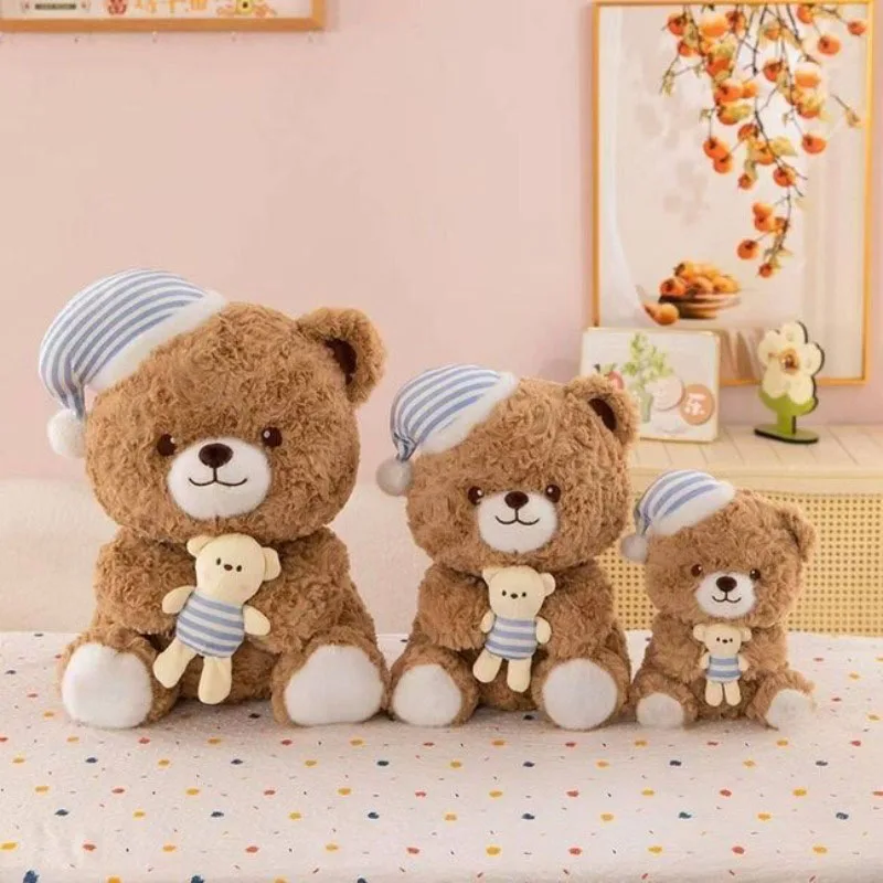 

Cute Bear Plush Toy Set Parent Child Style Soft Stuffed Animal Doll with Nightcap Pajamas Kawaii Bear Figure Gift for Kids Girls