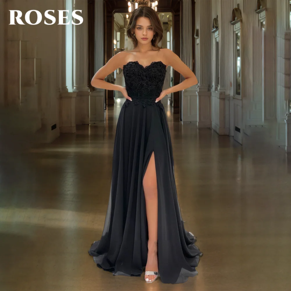 

ROSES Black Elegant Prom Dresses Sweetheart Applique Backless Prom Gown with Lace Satin Side High Split Formal Gown Customized