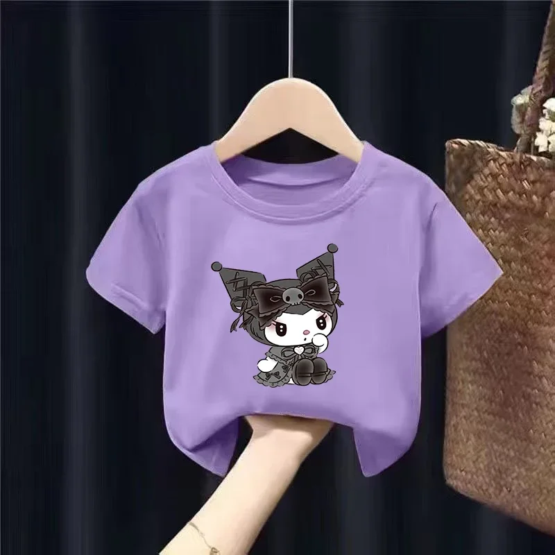 Kuromi Children Short Sleeves T-Shirts Cartoon Fashion Tops Anime Sanrio Girls Purple Kids Summer Tees Clothes Birthday Gift New