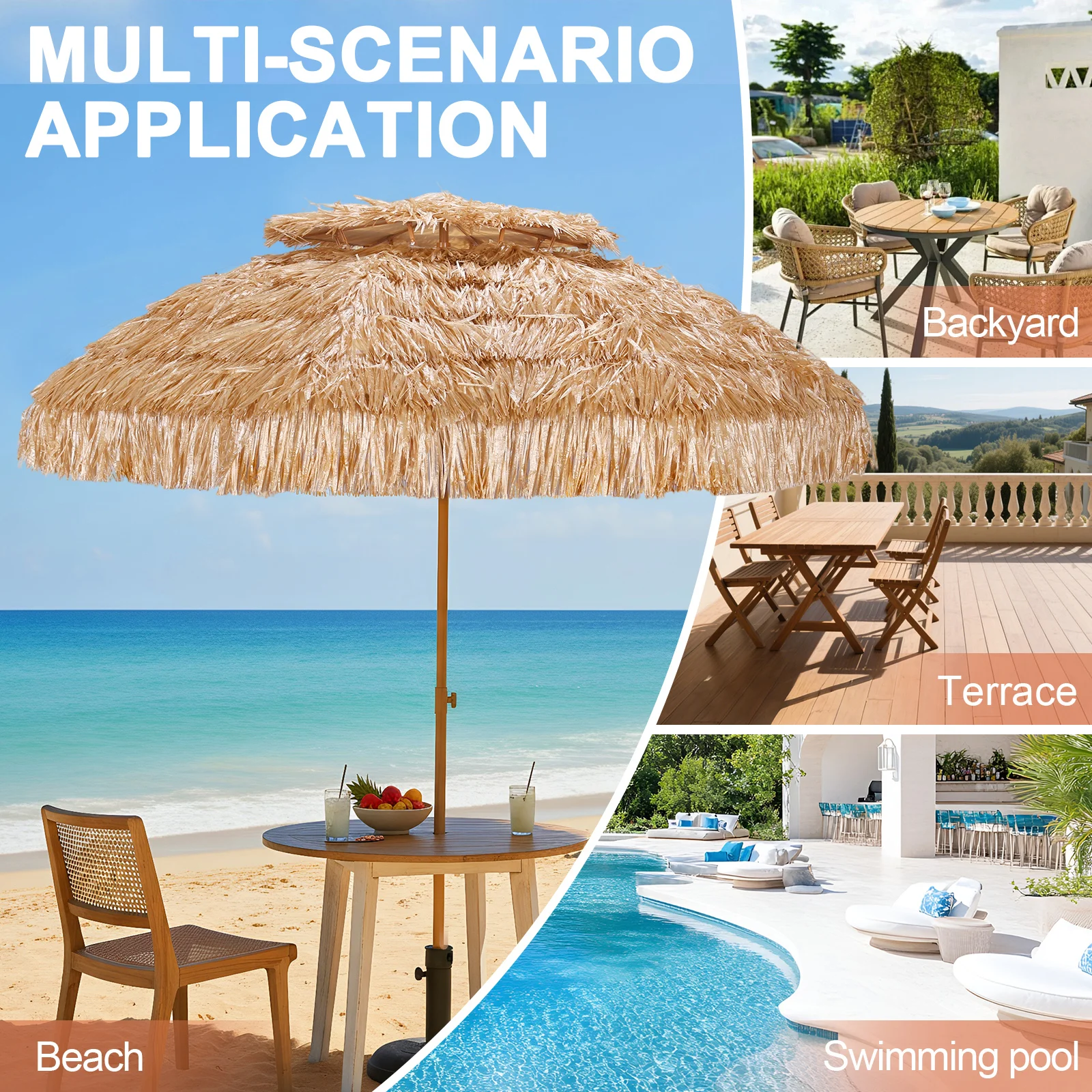 

9ft 2-Tier Hawaiian Beach Umbrella with 8 Ribs Uv Protection Thatched Beach Umbrella for Garden Courtyard Lawn