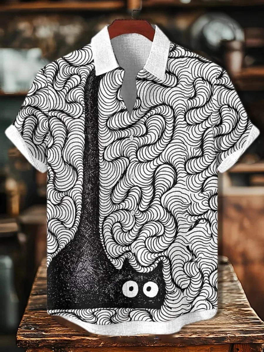 

2026 Summer Men's Lapel Short Sleeve Shirt Black and White Abstract Wave Pattern 3D Print Personalized Casual Hawaiian Shirt