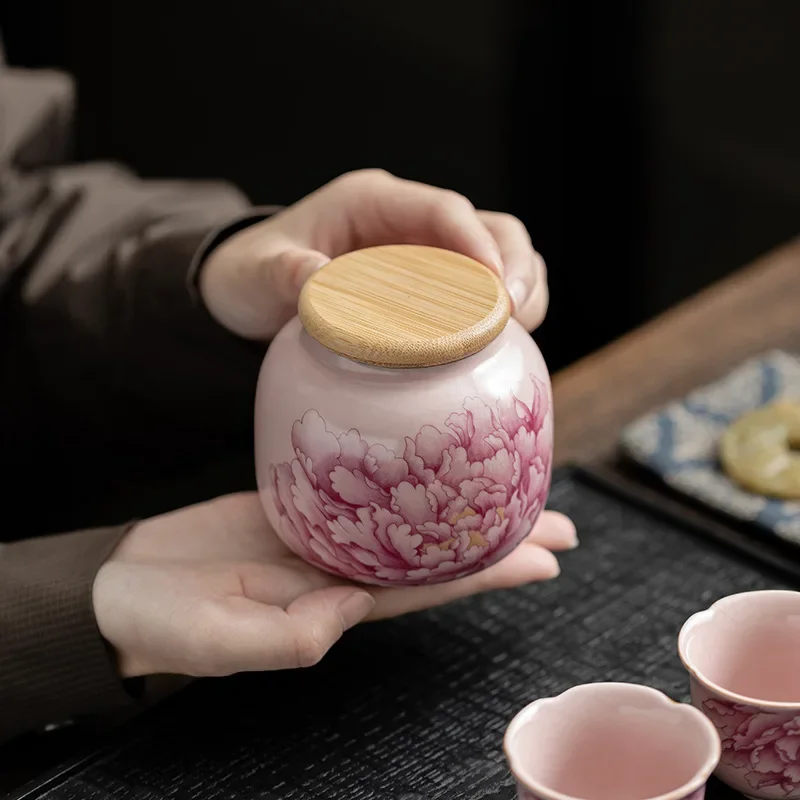 Pink Ru Kiln Peony Tea Can Household Ceramic Sealed Can Portable National Style Ceramic Can with Lid Tea Organizer Tea Container