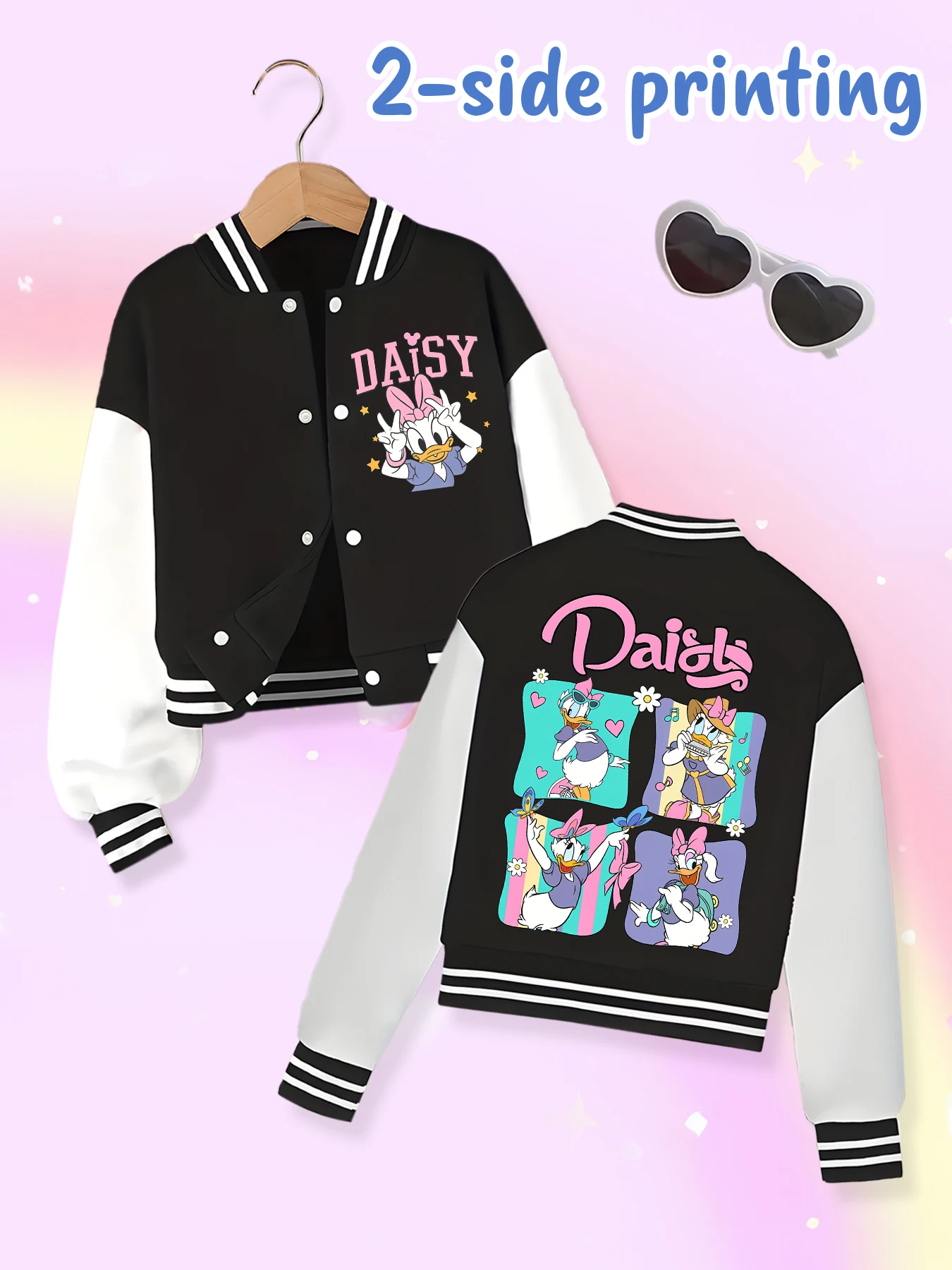 Disney fashion trend baseball jacket, suitable for daily sports and casual wear, printed with cute Daisy pattern, nice gift.