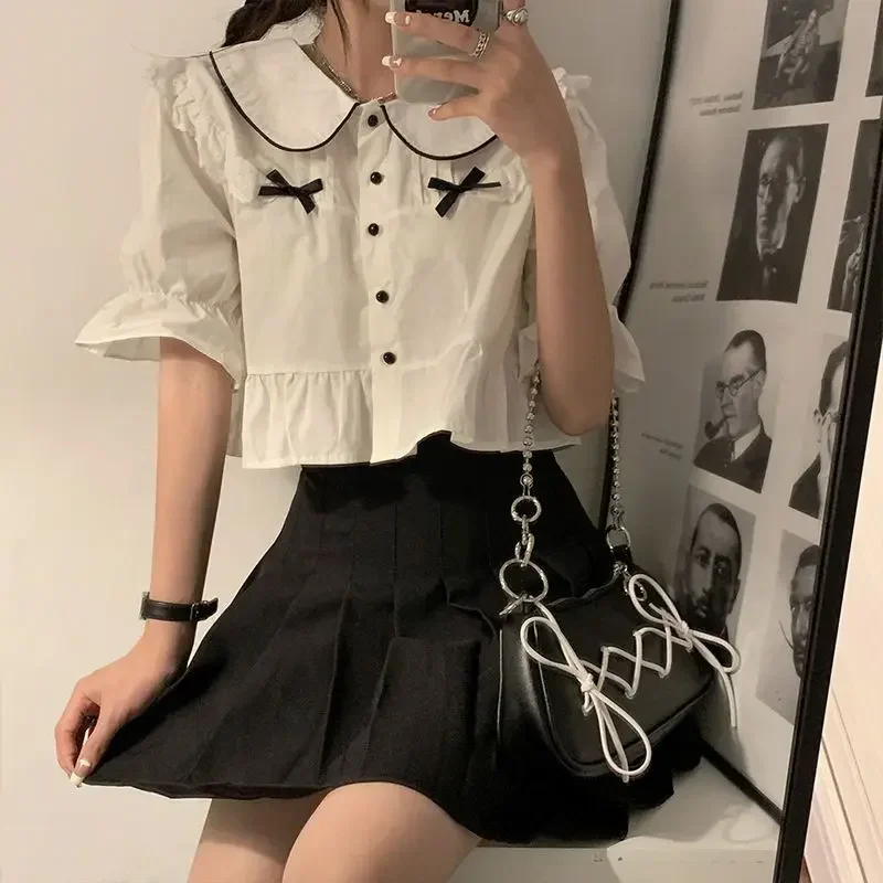 Edible Tree Fungus Peter Pan Collar White Short Sleeve Shirts Sweet Loose Japan Style Women Y2k Bow Summer Ruffles Camisas