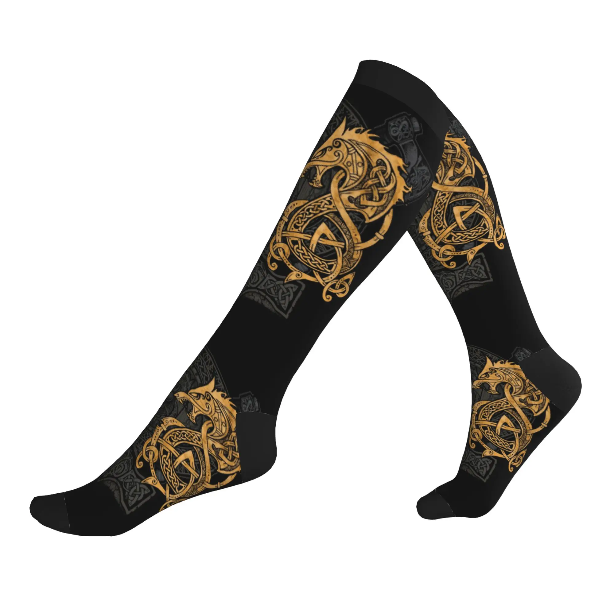 Calcetines deportivos Harajuku Fighting Fenrir Gold para hombre y mujer, calcetines deportivos cálidos con estampado 3D de Fenrir Viking Rune, calcetines deportivos de compresión