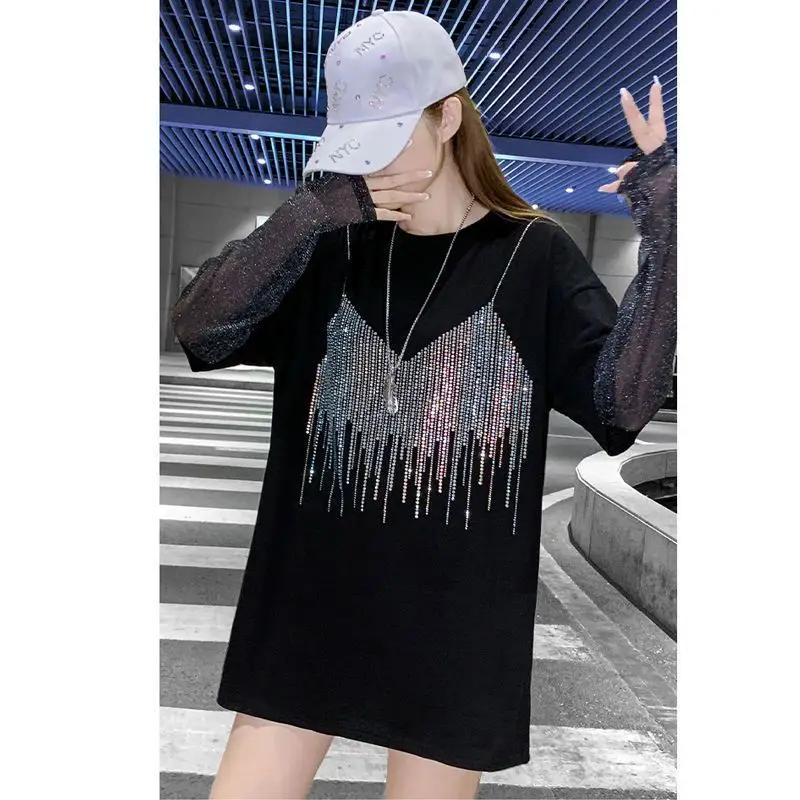 Women Spring Summer Fashion Net Yarn Patchwork Diamonds O-neck Long Sleeve T-Shirt Ladies Casual Office Lady All-match Tops