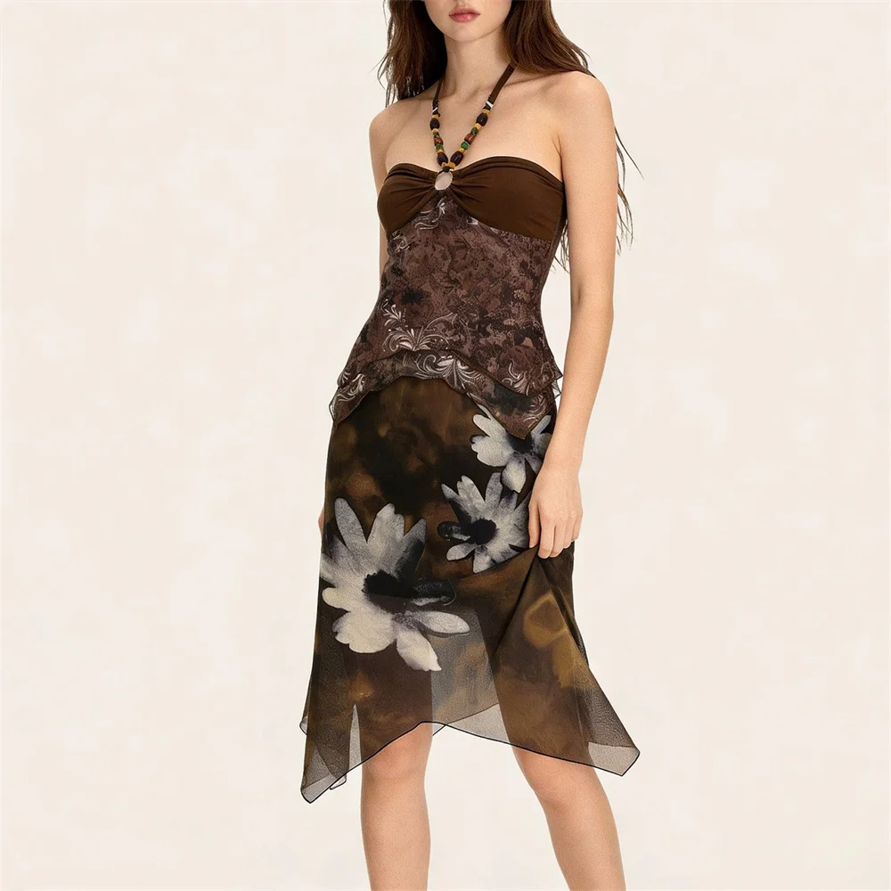 Boho Floral Chiffon Midi Skirt Women Summer Beach Vacation Skirts Casual Irregular Hem Printed Skirt Ladies Festival Outfits
