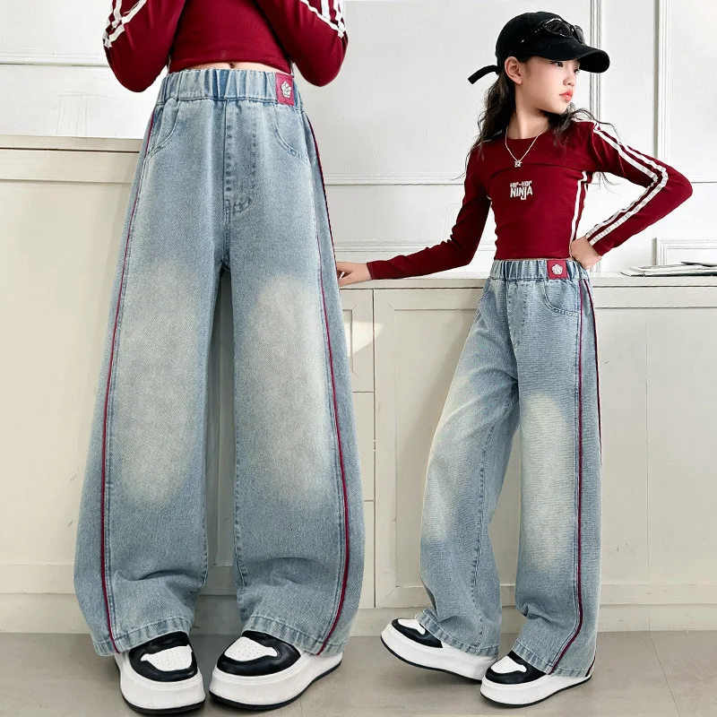 

Street Style Teen Girl's Baggy Jeans with Side Stripes School Kids Fashion Wide Leg Denim Pants Children's Casual Trousers