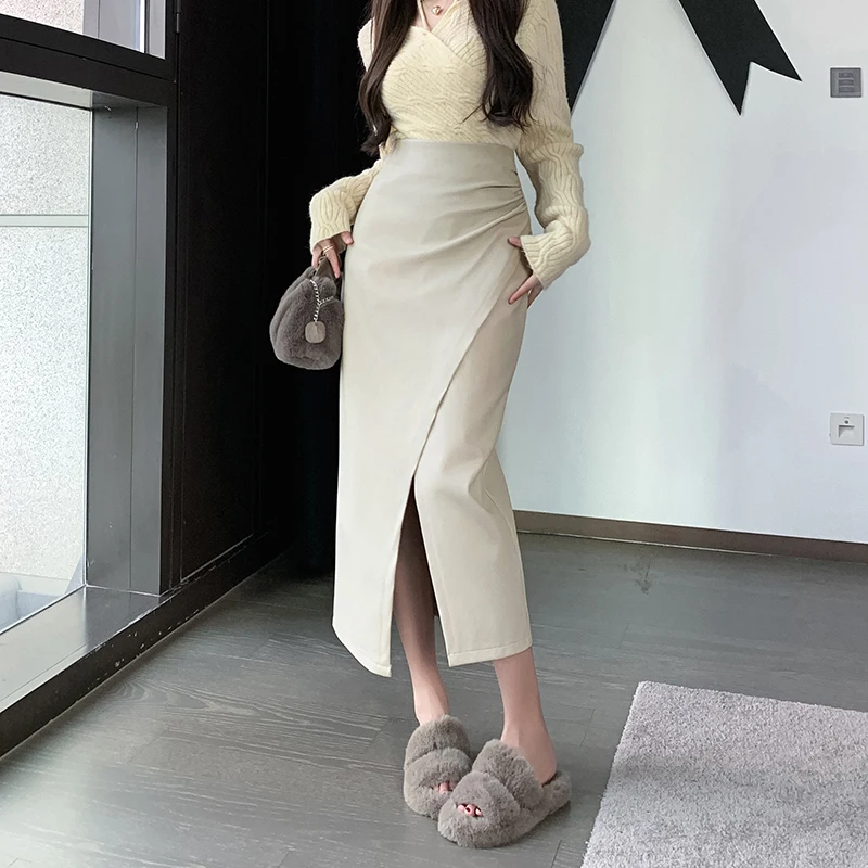 

Women PU Leather Midi Skirts Fashion High Waist Long Jupes Holiday Sold Pleated Silm Vintage Slit Hem Streetwear Femme E47