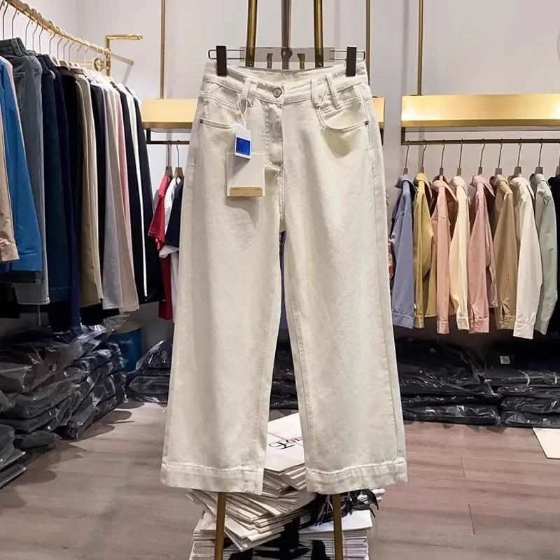 

Straight Pants High Waist Jeans Women Denim Loose Fit Pockets Spliced Solid Colour Basics Trousers 2024 Vintage Casual Denims