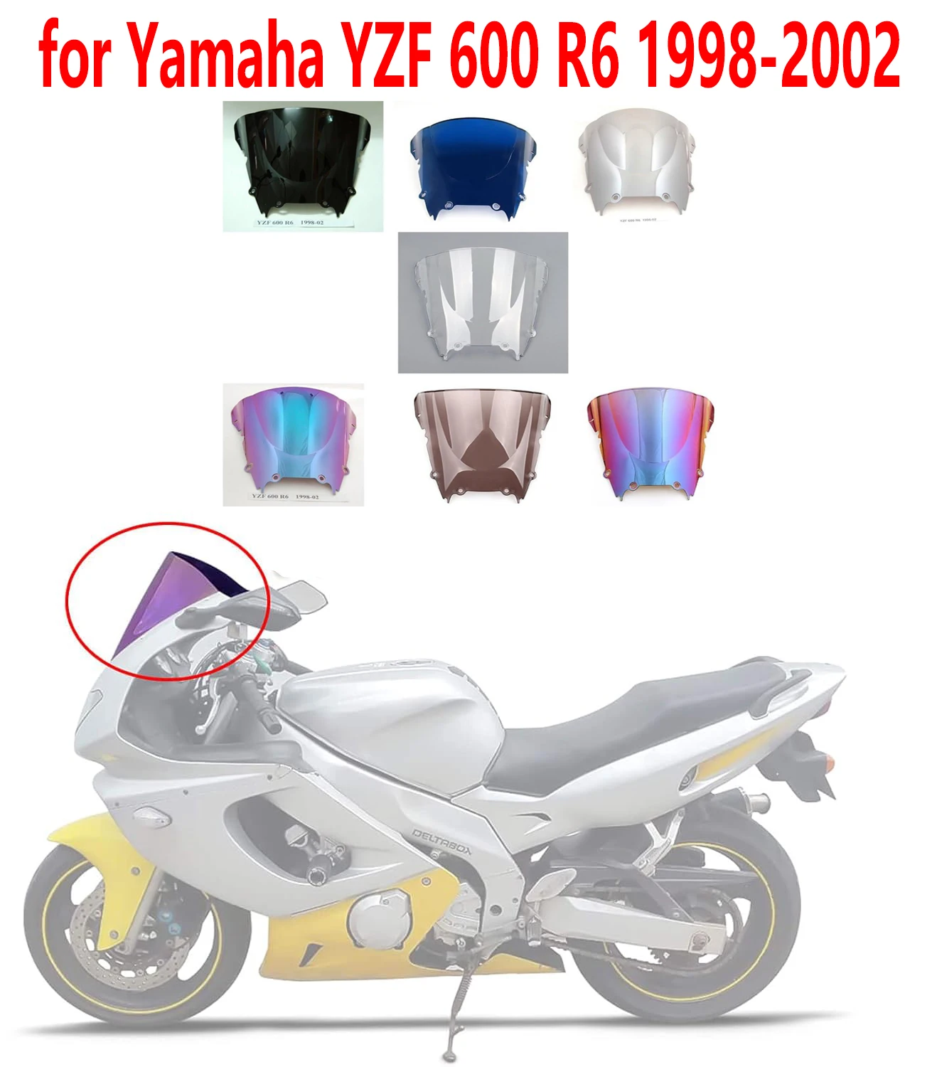 Motorcycl Windshield WindScreen Screen for Yamaha YZF 600 R6 YZ600 YZFR6 1998 1999 2000 2001 2002 wind deflector