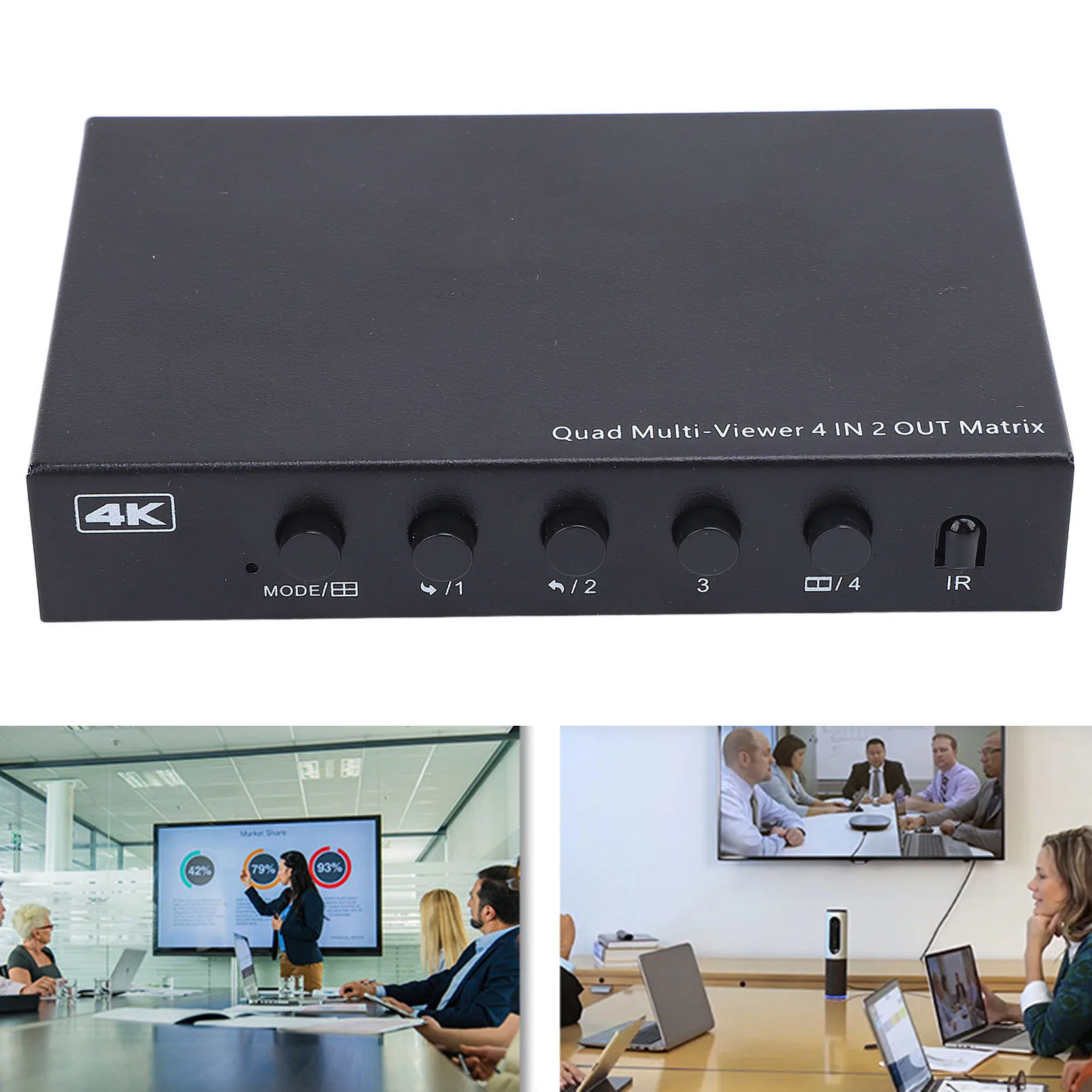 HD Multi Viewer Switcher Plug and Play 4 in 2 Out Seamless 6 Display Modes Multiviewer  with Remote Control for Laptop
