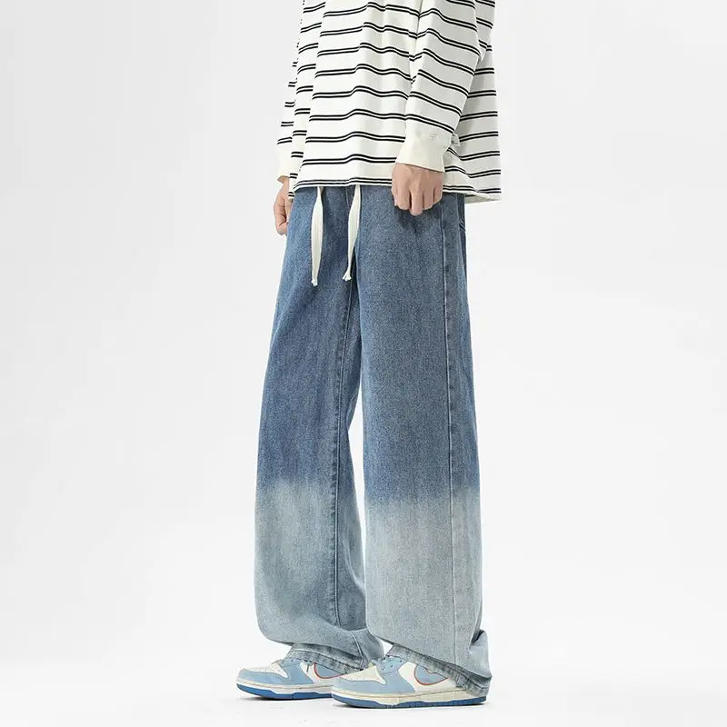 

Мужские свободные модные универсальные широкие прямые джинсы больших размеров в стиле ретро, весенне-осенние потертые повседневные длинные брюки