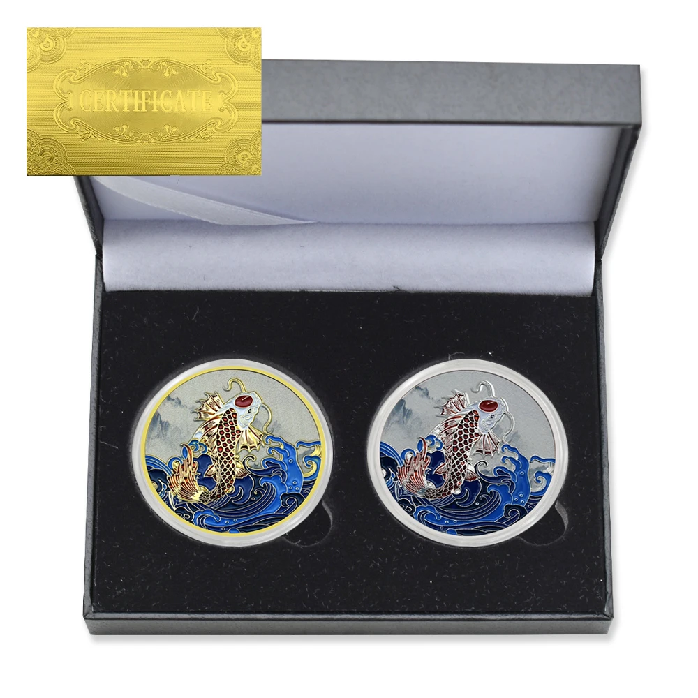 

2pc/box Chinese Koi Commemorative Coin Metal Paint Solid Good Luck Challenge Coin with Certificate and Gift Box Collectible Gift