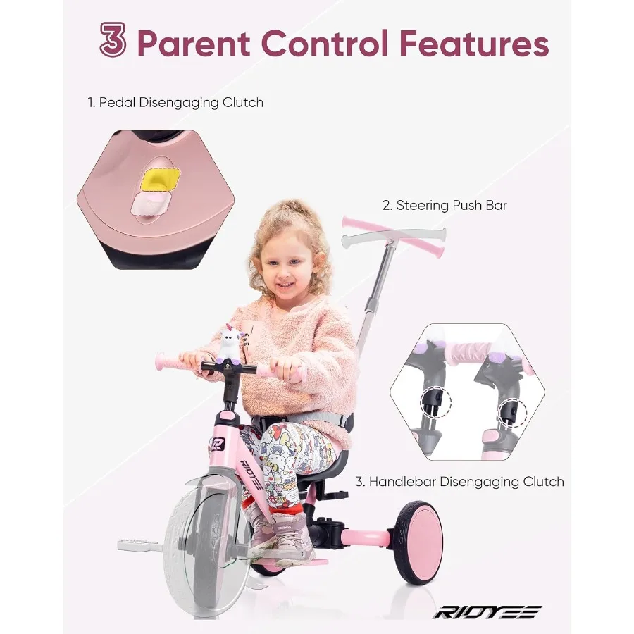 5-in-1幼児用三輪車（1.5歳～3歳向け）親用ステアリングプッシュトライク、工具不要でバランスバイクに変換可能、安全ベルト取り外し可能B