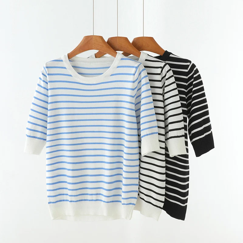 

Pure Cotton Round Neck T Shirt For Women Summer Korean Style Loose Large Size Casual Short Sleeve Striped Top Base Shirt Blouse