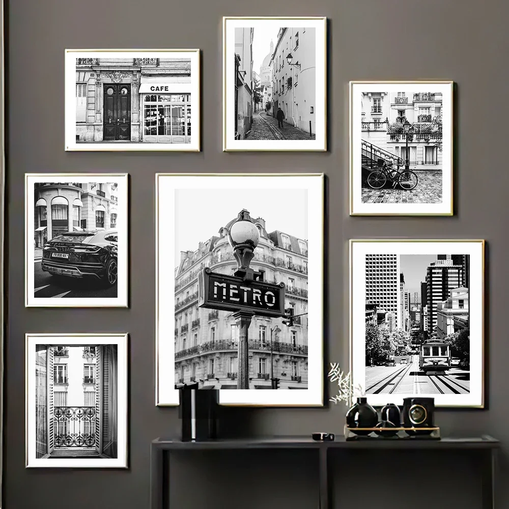 Frameless Canvas PaintingLuxury Paris Street Bus Bike Posters And Prints Black White Wall Art Pictures Canvas Painting Aesthetic