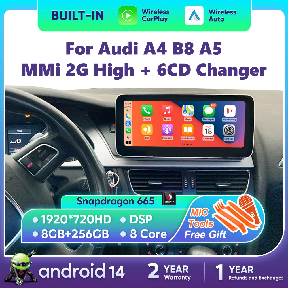 Android 14 CarPlay For Audi A4 B8 A5 2008 2009 2010 MMI 2G High CD Changer Car Stereo Player Multiemdia GPS Navi WiFi