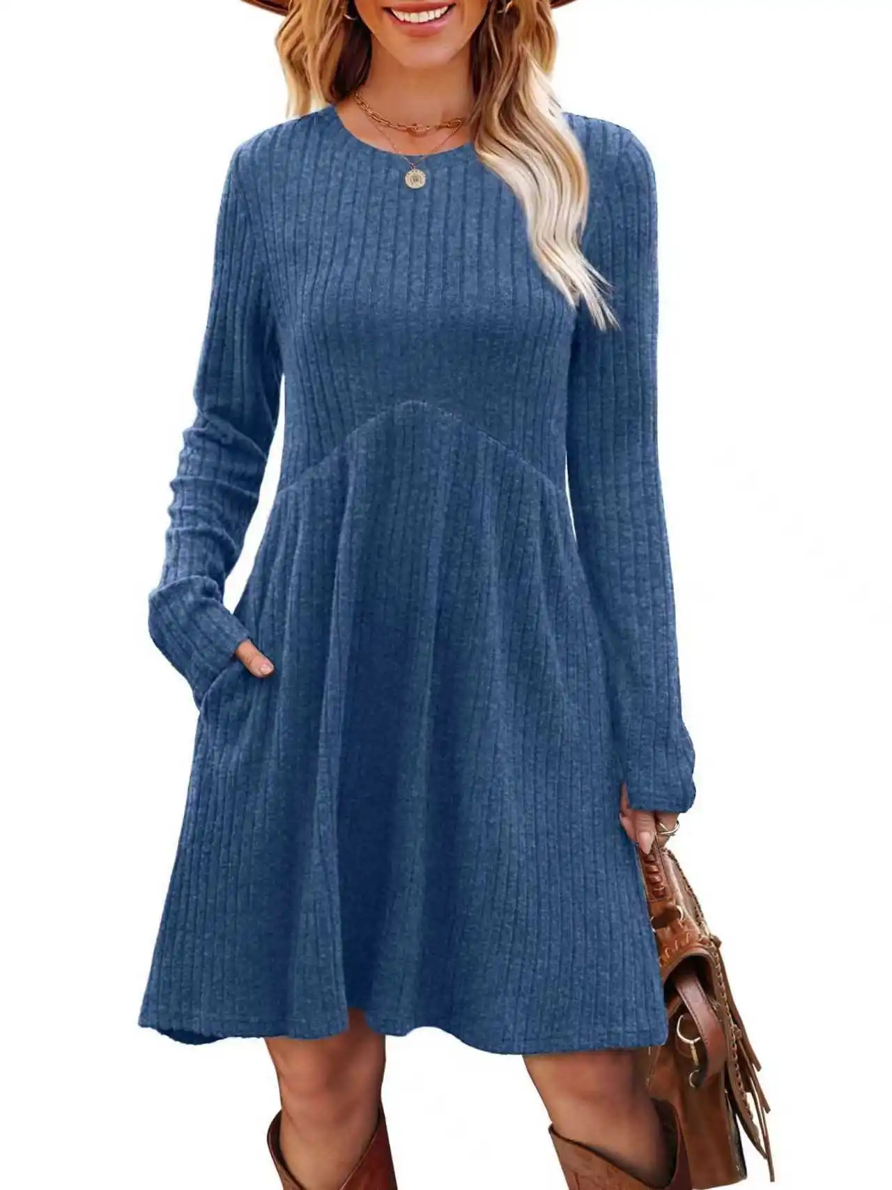 Knitted women's dress fashionable solid color commuter style autumn winter vestido temperament round neck high waist dresses