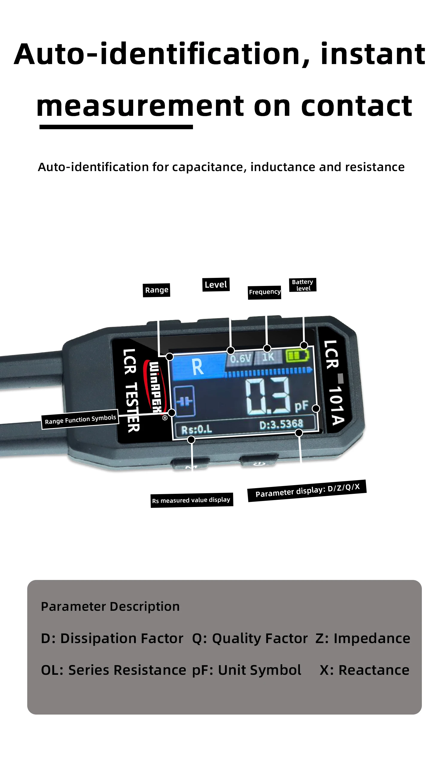 LCR-101A Digitaler LCR-Brückentester 10kHz Wiederaufladbare Lithium-Batterie Kondensatoren, Widerstände, Dioden Induktanztest SMD-Tester – Detail 7