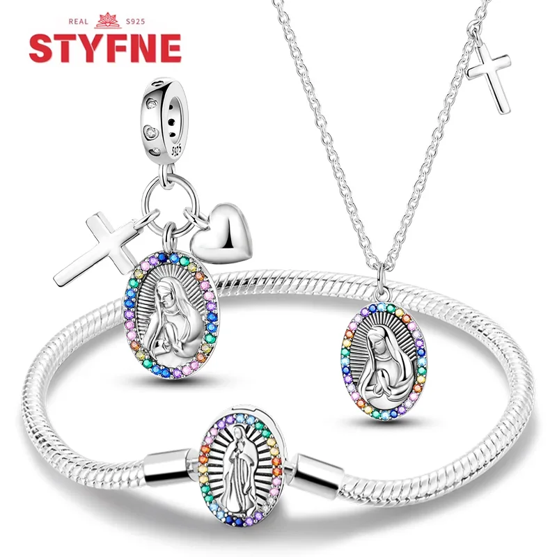 

Silver S925 Virgin Mary Charms Cross Heart Dangle Beads Bracelet Necklace Original Jewelry Set for Women Fine Jewelry Gifts