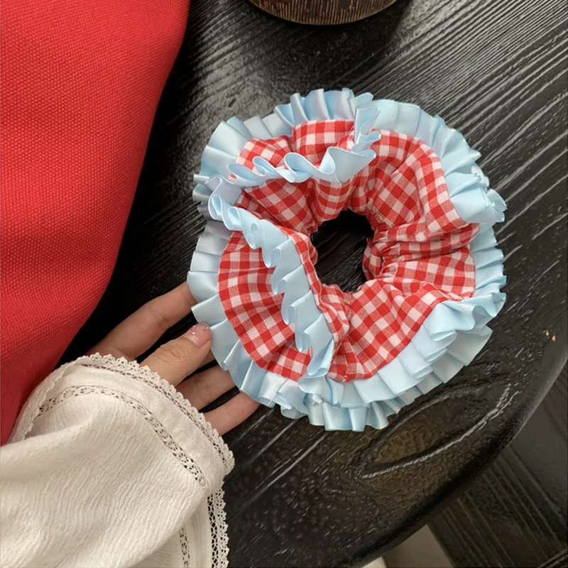 Red checkered large intestine headband with double layered lace bun head niche unique blue low ponytail Women's hair accessory