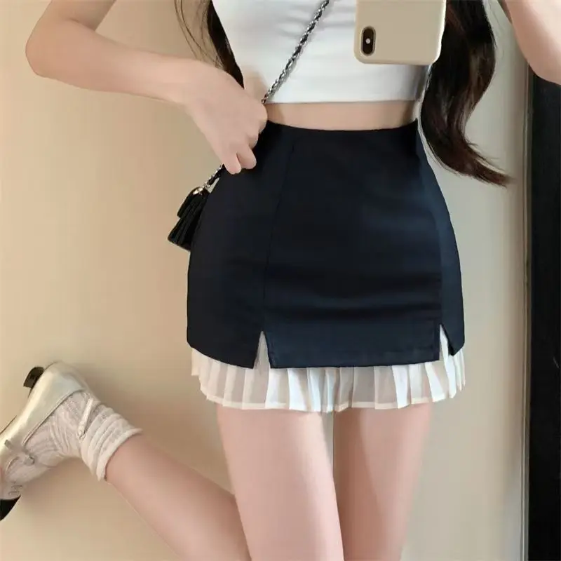 

High Waist Me Paneling Skirt Women's Slim Fit Bla Summer ort Skirt Anti-Light A-Line Skirt Pure Color Sle
