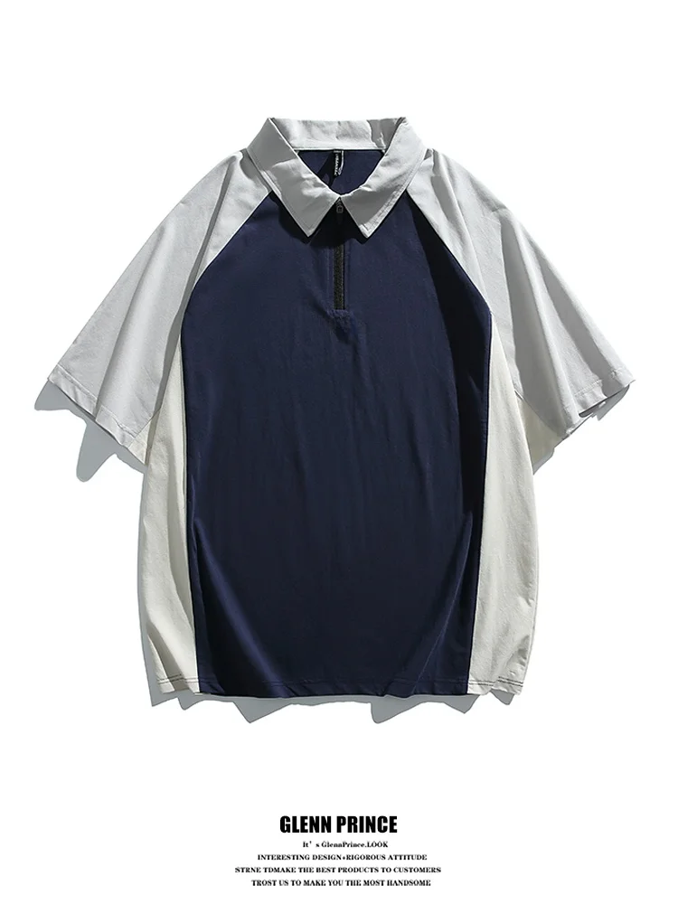 

GPstudio Japanese Retro Color Block Shoulder Insert Half Zip Shirt Men Summer Trendy Brand Turn Collar Short Sleeve T-Shirt
