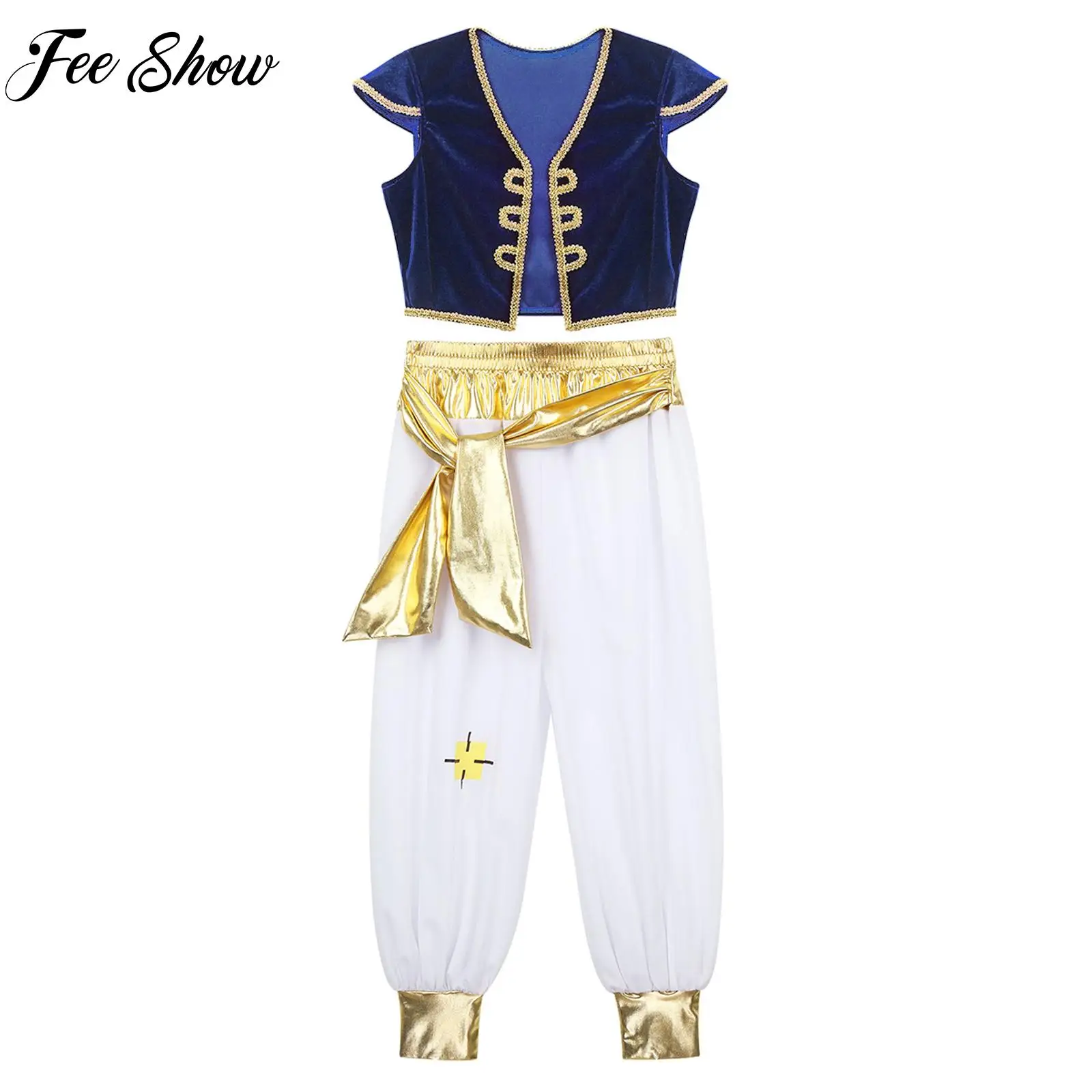 

Children Arabian Prince Costume Kids Boys Outfit Cap Sleeves Vest Waistcoat with Pants Set for Halloween Dress Up Cosplay Party