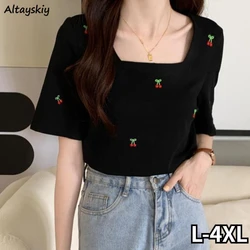 Black Printed T-shirts Women Y2k Ulzzang Short-sleeve Summer Tops L-4XL Square Collar Students Korean Fashion Clothing All-match