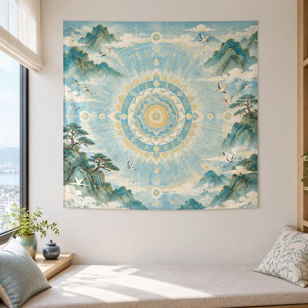 VIKAMA Chinese Ink Landscape Tapestry Wall Hanging, Mountain Mist Wall Art, Oriental Decor for Living Room Study Bedroom Office