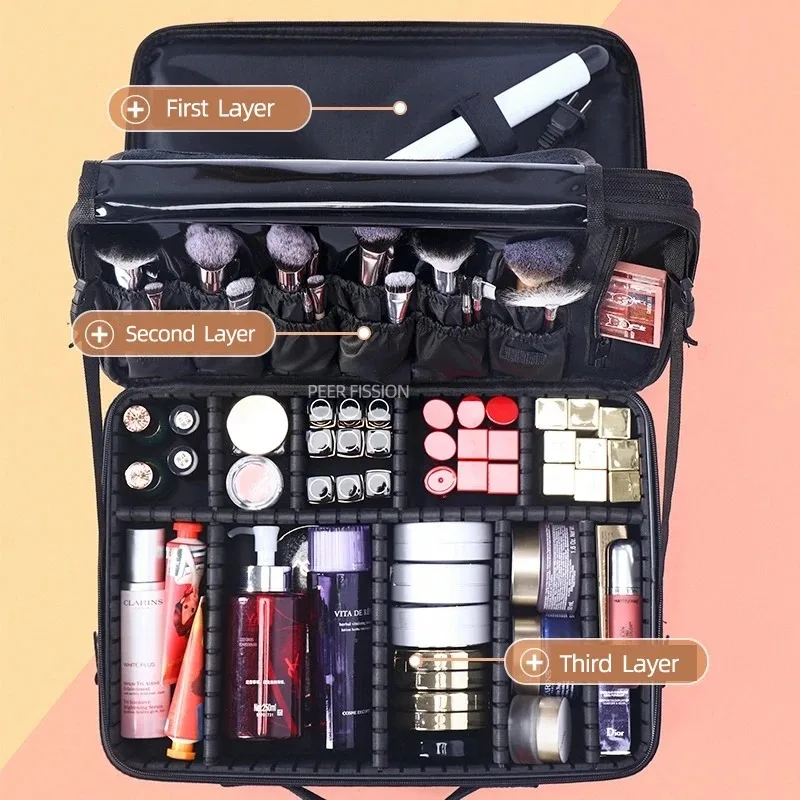 Nuova borsa per il trucco in tessuto Oxford portatile di grande capacitร con scomparti Custodia cosmetica da viaggio per le donne
