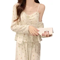 Pajamas Female Long-Sleeved Spring And Autumn Suspenders Trousers Three-Piece Set With Cushion Sweet Pajamas Homewear Suit - Image 5