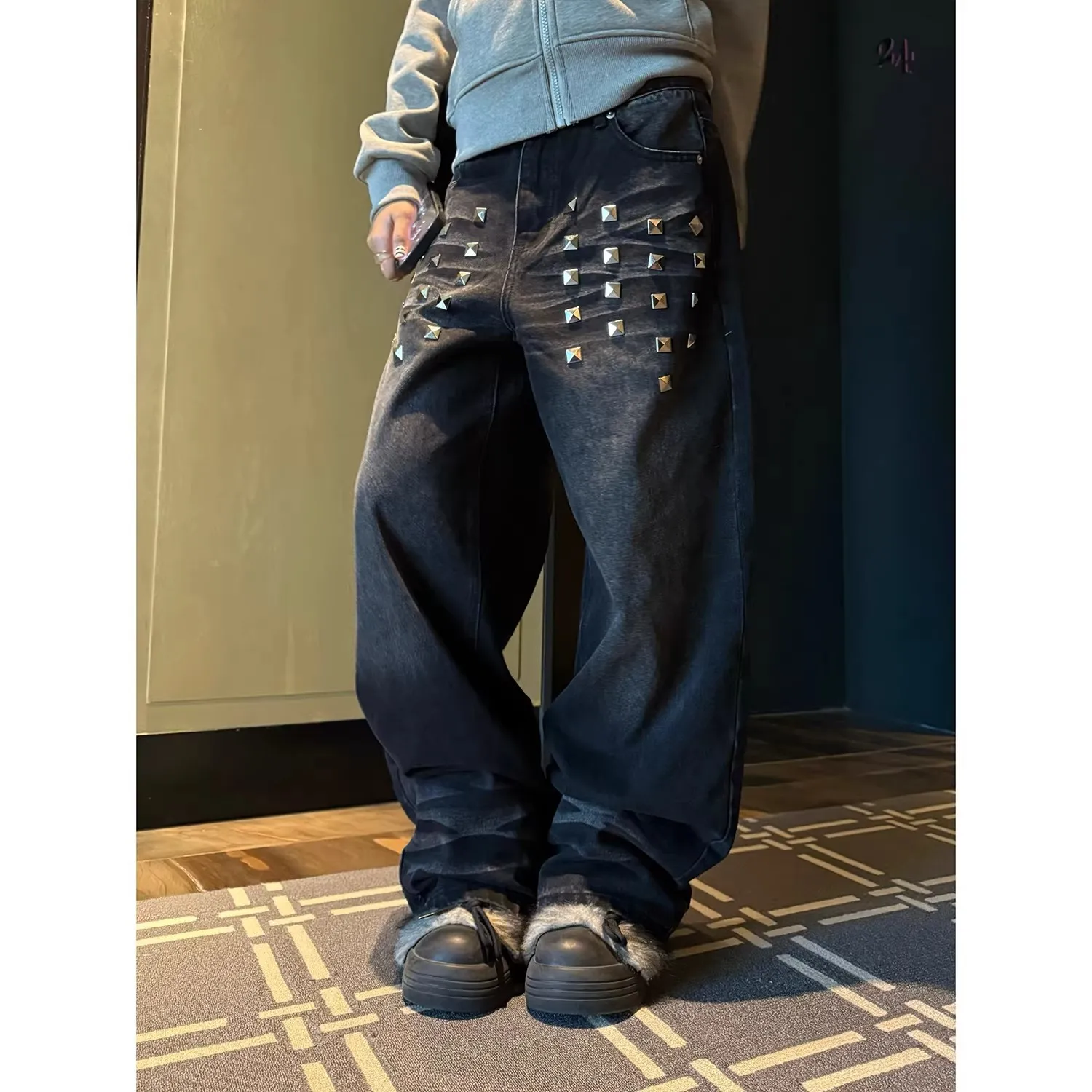 

Retro Washed Rivet Wide-leg Jeans New Loose Casual Versatile Trend Mopping Trousers