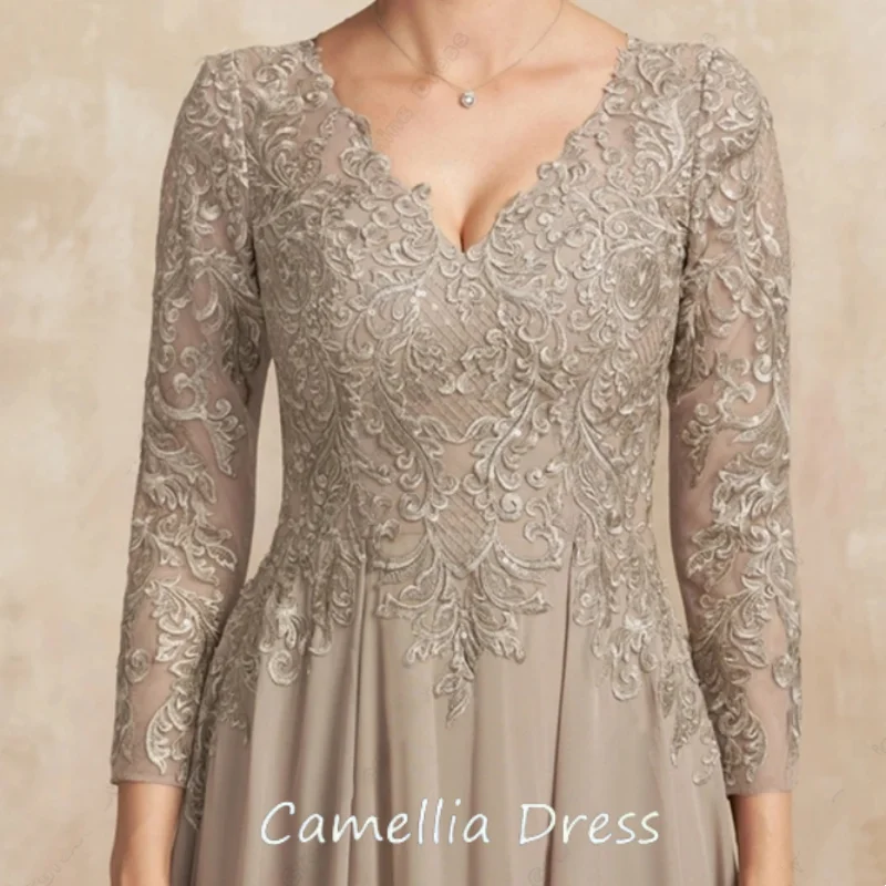 Chiffon Wedding Party Dresses with Lace Champagne Strapless Mother of Bride Dresses for Women Full Sleeve Robe De Soirée 2024