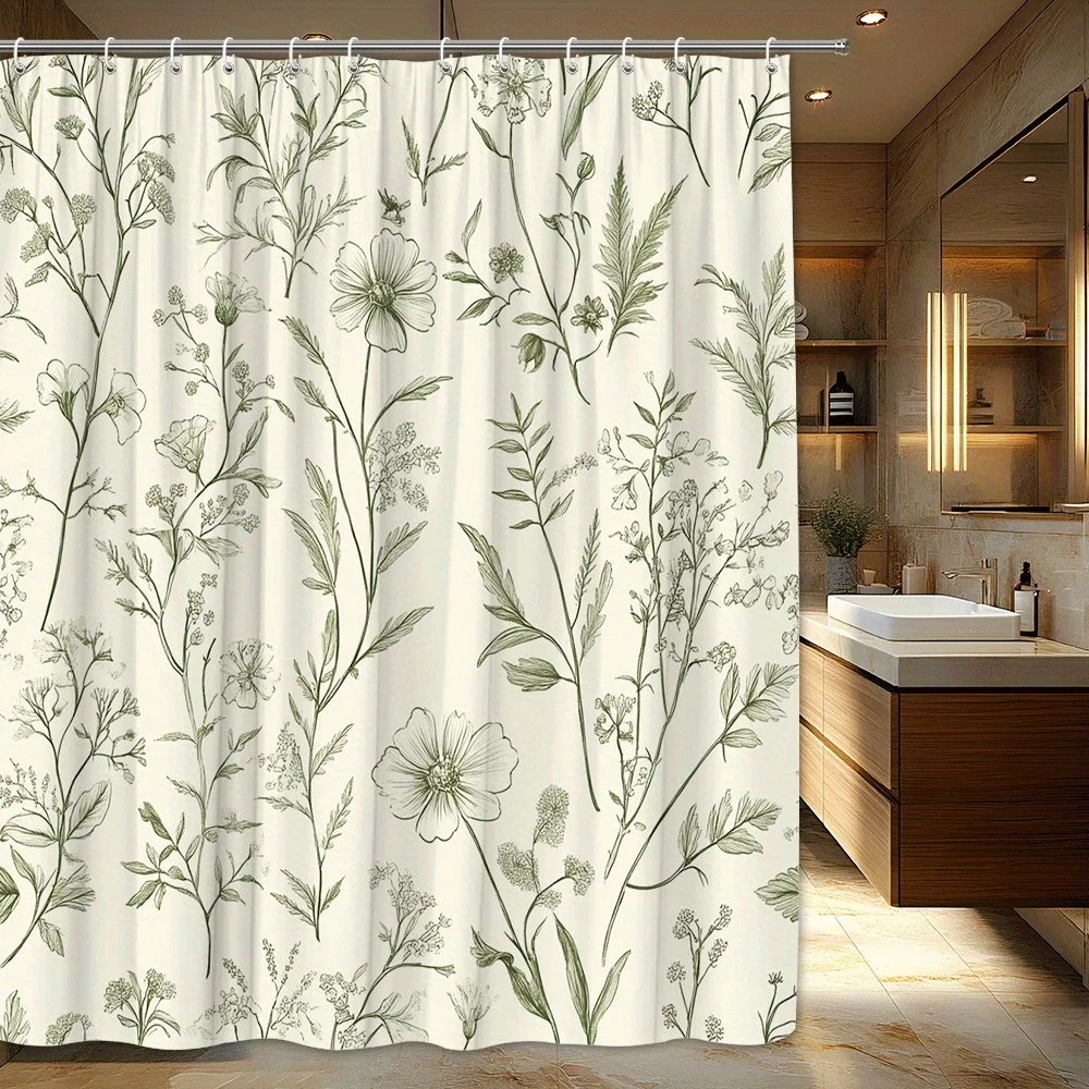 Vintage Botanical Shower Curtain – Soft Green & Cream Floral Sketch Print, 12 Hooks, Machine Washable, Spa-Like Bathroom Decor - view 2