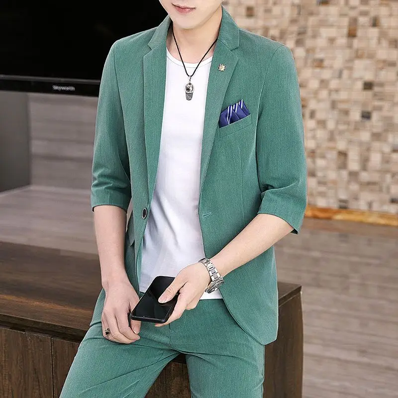 Summer Suit Jacket Men Short Sleeve Single Button Outerwear Korean Slim Solid Color Blazer Fashion Casual Terno Masculino