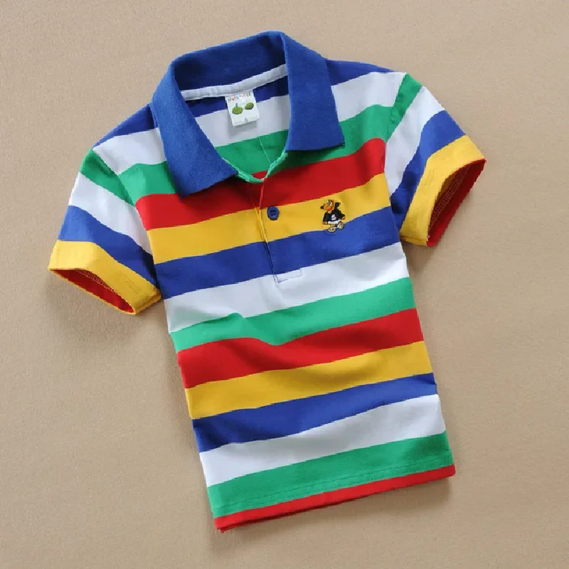 T-shirt For Boys Summer Children Short Sleeve Stripe Tees Cartoon Bear Embroidery Tops Teens Breathable Polo Shirt Kids Clothing