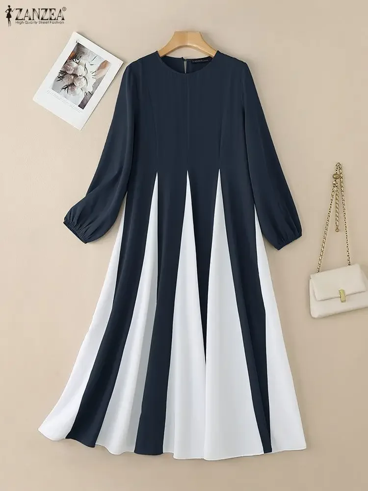 ZANZEA Modest Hijabs Maxi Lange Kleider Frauen Muslimische Mode Kontrast-Farbe Patchwork A-Line Swing Kleid Oansatz Langarm Roben