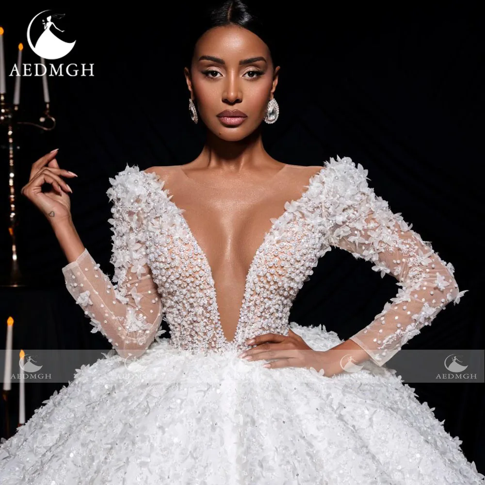 Aedmgh robe De bal robes De mariée De luxe col en v Vestido De Novia dentelle perlée paillettes princesse royale robes De mariée sur mesure